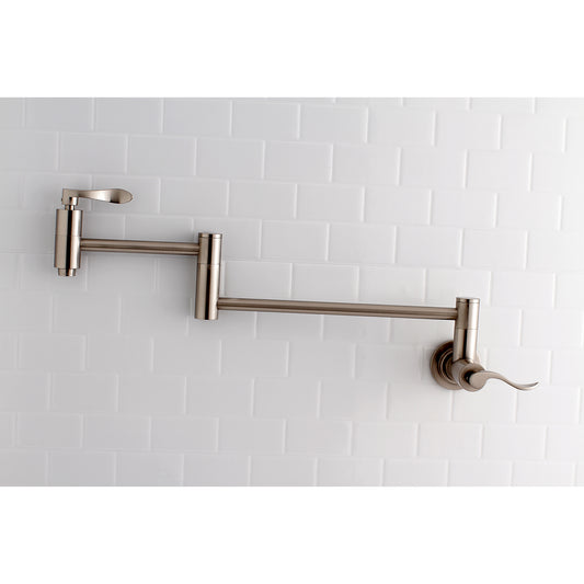 Kingston Brass KS8108DFL NuWave Wall Mount Pot Filler Faucet, Brushed Nickel on a tiled background.
