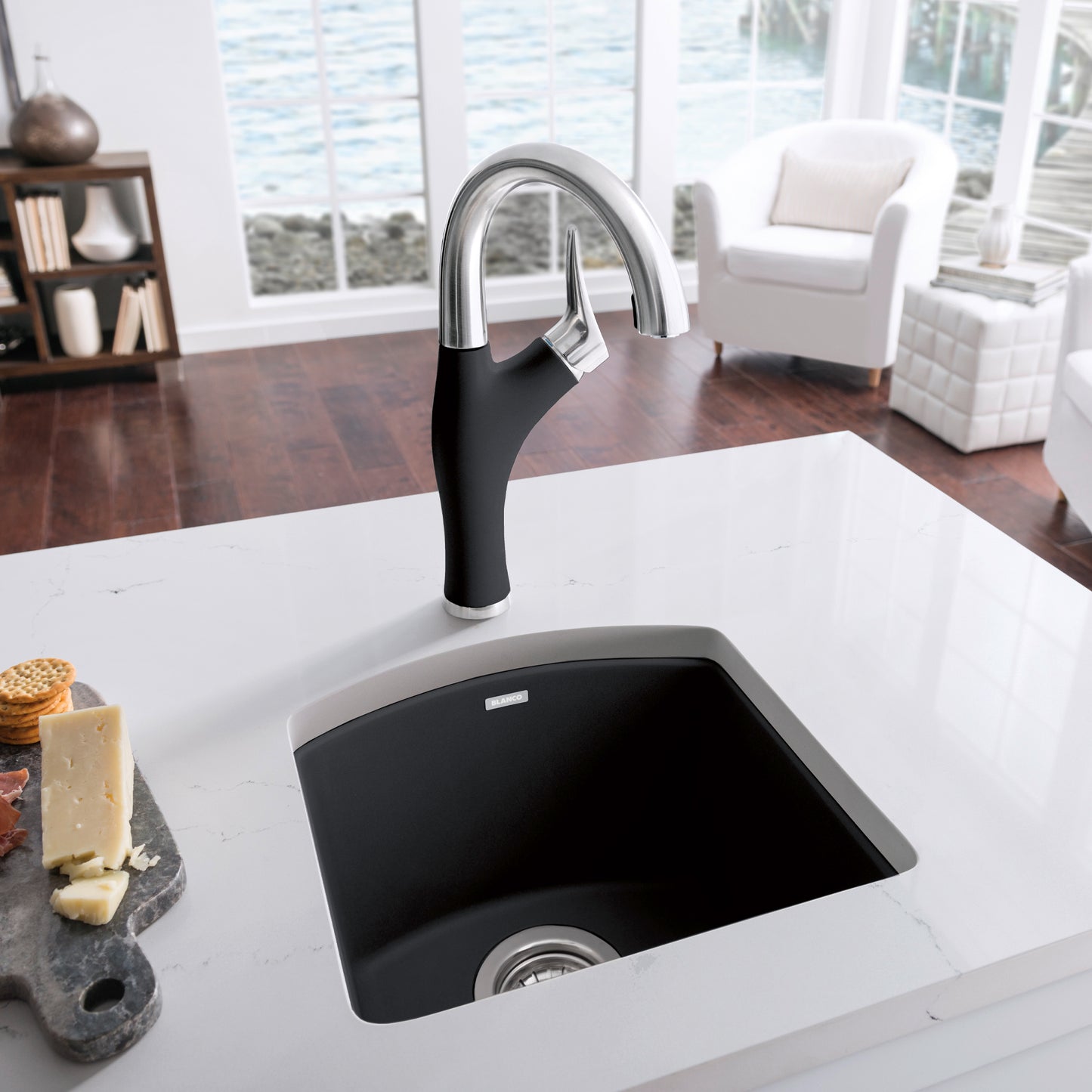 BLANCO Diamond SILGRANIT 15" Dual Mount Bar Sink featuring sleek faucet and contemporary design in kitchen setting.