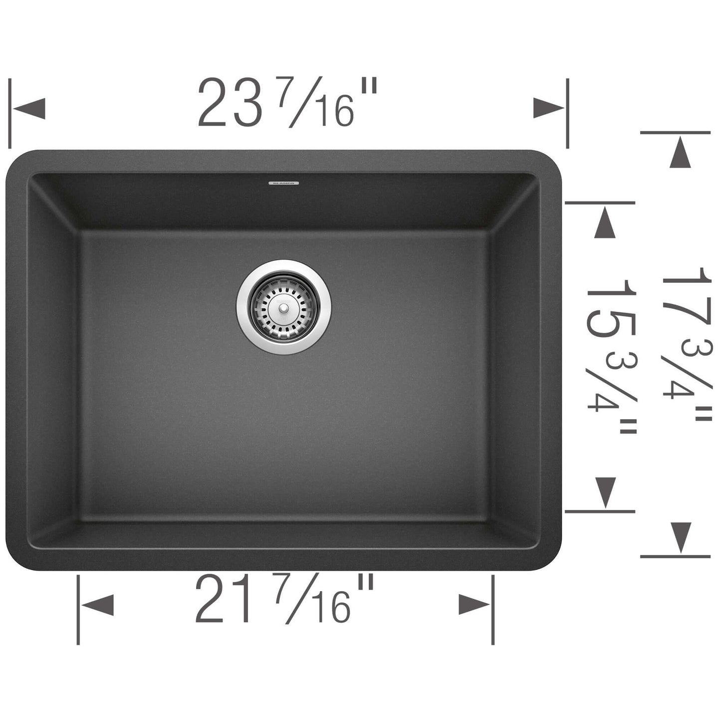 BLANCO PRECIS 24" SILGRANIT Compact Undermount Sink dimensions showing 23 7/16" x 21 7/16" x 17 3/4".