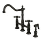 Kingston KS1273AXBS Heritage Bridge Kitchen Faucet with Brass Sprayer, Antique Brass finish and matte black accents.