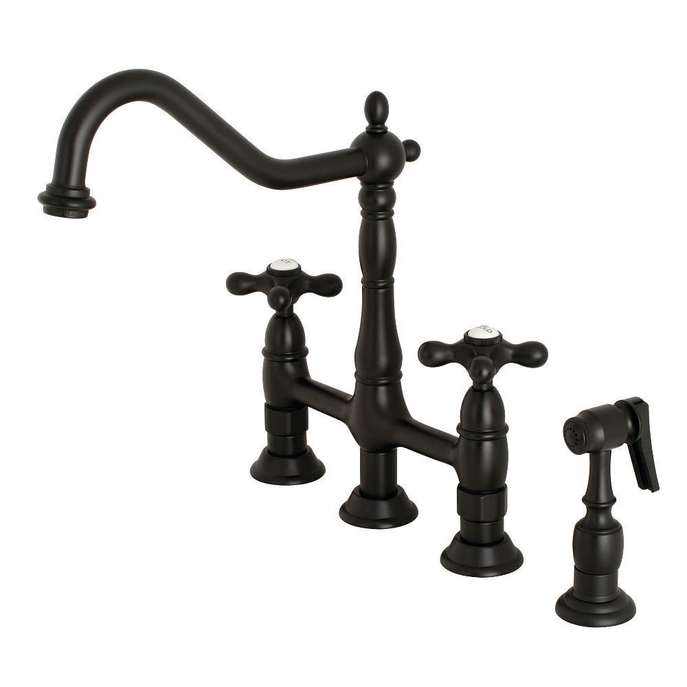 Kingston KS1273AXBS Heritage Bridge Kitchen Faucet with Brass Sprayer, Antique Brass finish and matte black accents.