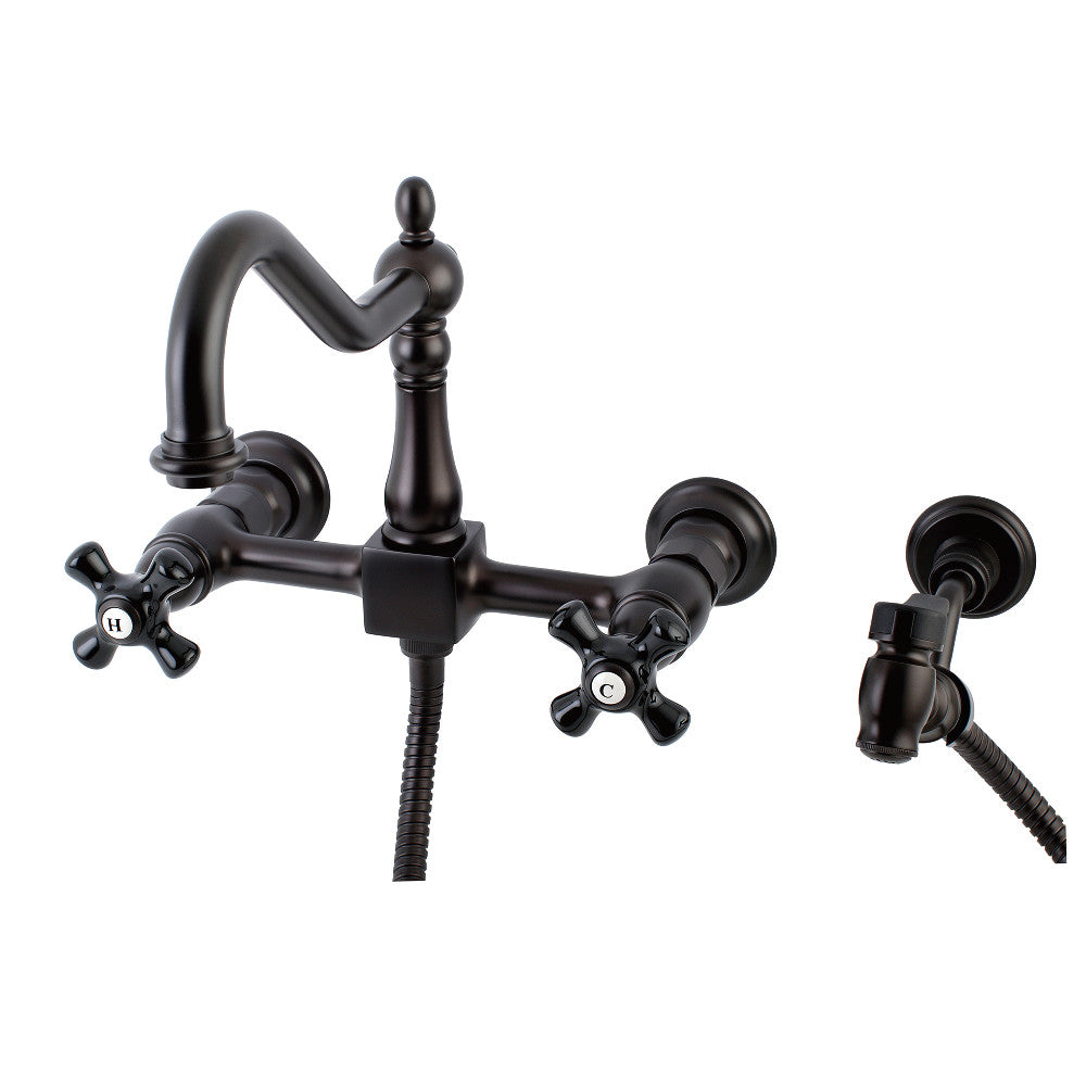 Kingston KS1248PKXBS Duchess Two-Handle Wall Mount Bridge Kitchen Faucet with Brass Sprayer, Brushed Nickel