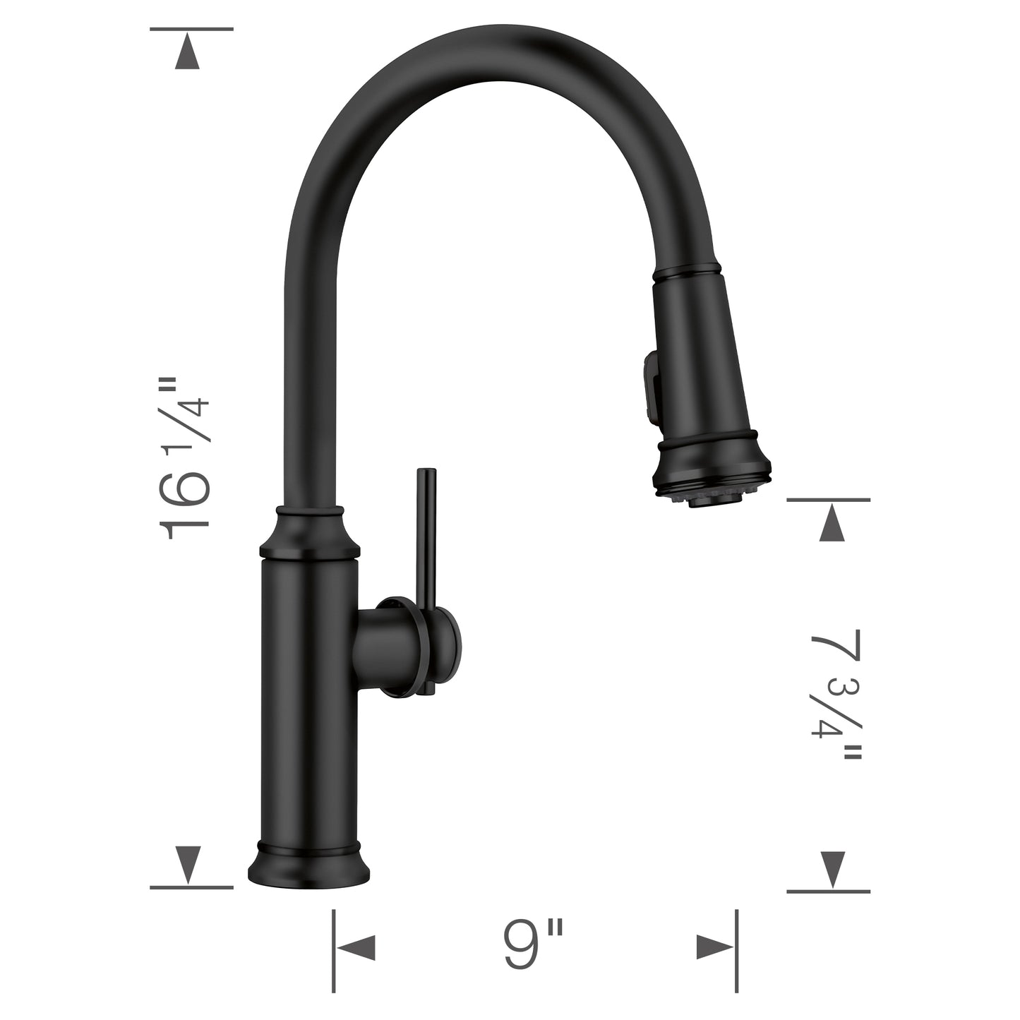 BLANCO Empressa High Arc Pull-Down Dual-Spray Kitchen Faucet dimensions with 7.75 inch spout height and 9 inch reach.