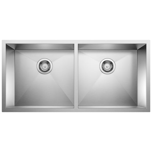 BLANCO Precision R0 37" 50/50 Double Bowl Undermount Stainless Steel Kitchen Sink with dual basins.