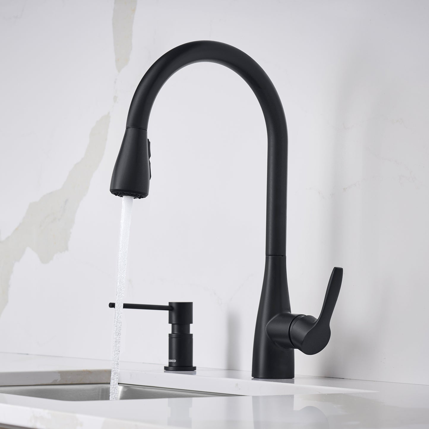 BLANCO Atura Pull-Down Dual-Spray Kitchen Faucet with a sleek black finish and a high-arc spout for easy access.