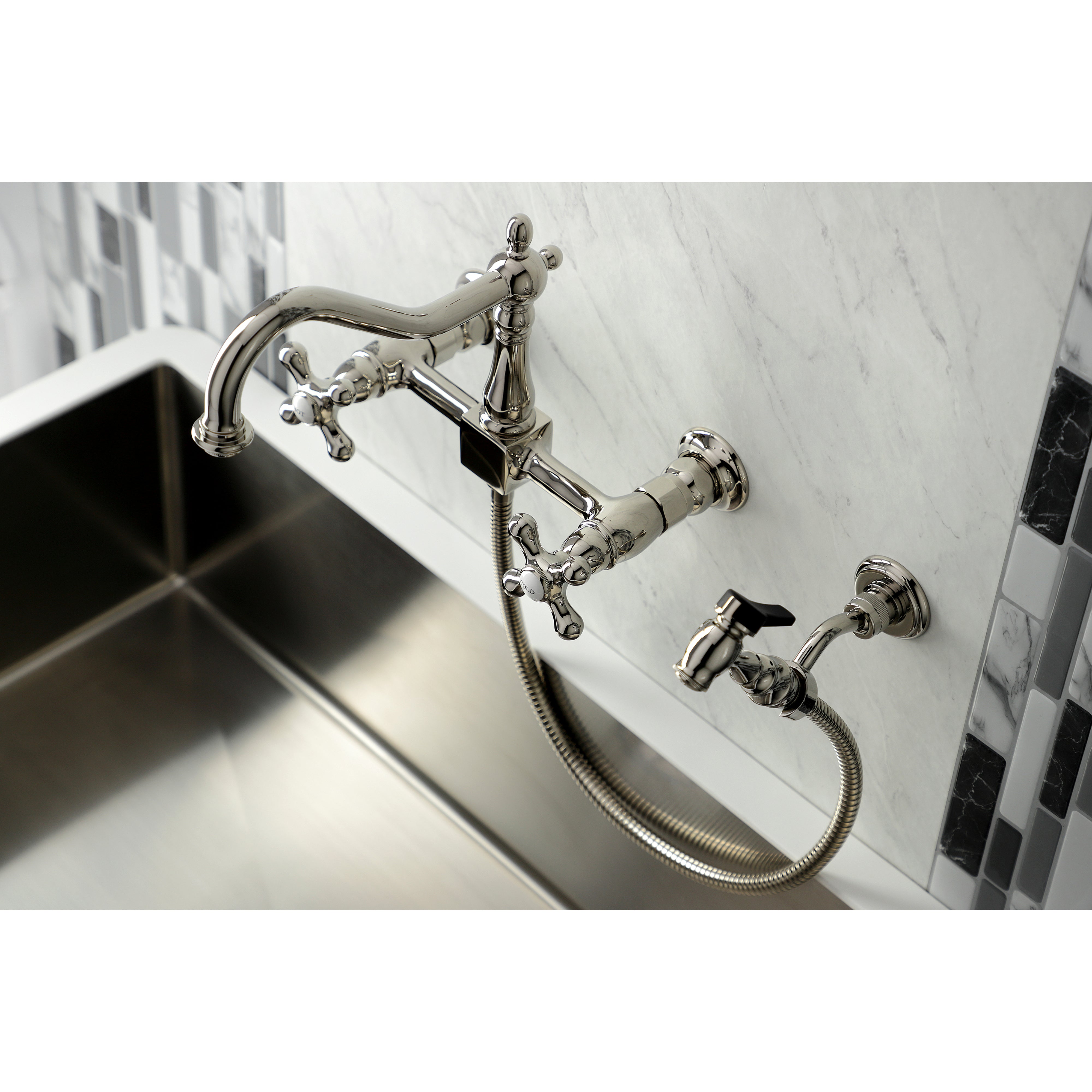Kingston KS1243AXBS Heritage Two-Handle Wall Mount Bridge Kitchen Faucet with Brass Sprayer, Antique Brass