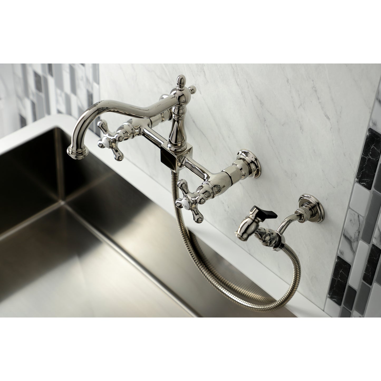 Kingston KS1243AXBS Heritage Two-Handle Wall Mount Bridge Kitchen Faucet with Brass Sprayer, Antique Brass