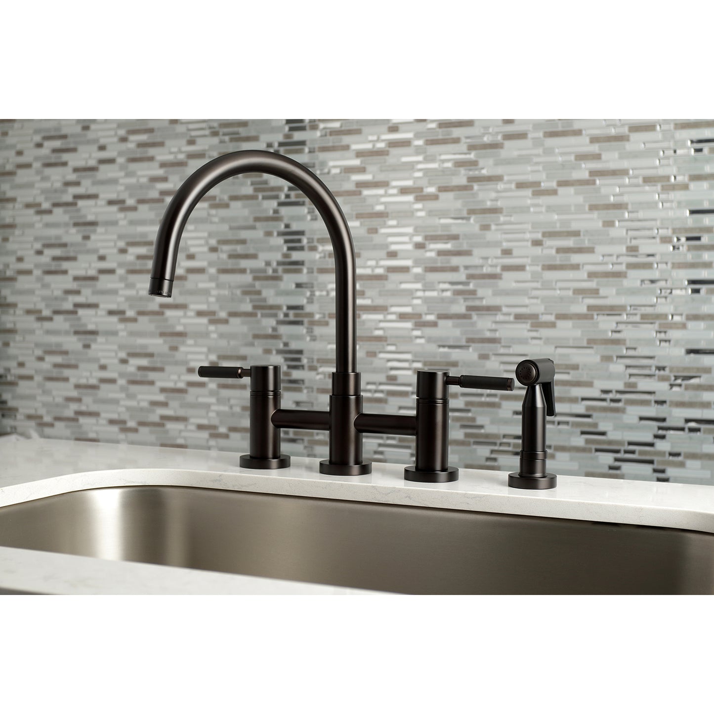 Kingston KS8278DKLBS Kaiser Bridge Kitchen Faucet with Brass Sprayer, Brushed Nickel on kitchen sink