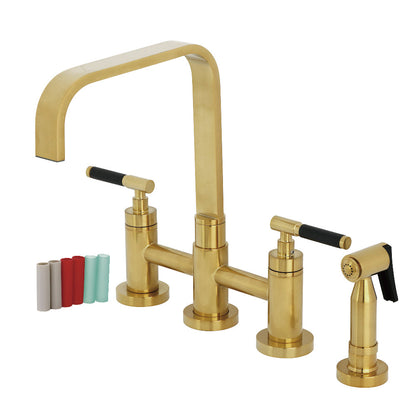 Kingston KS8257CKLBS Kaiser Bridge Kitchen Faucet with Brass Sprayer, Brushed Brass hardware and cylindrical handles.