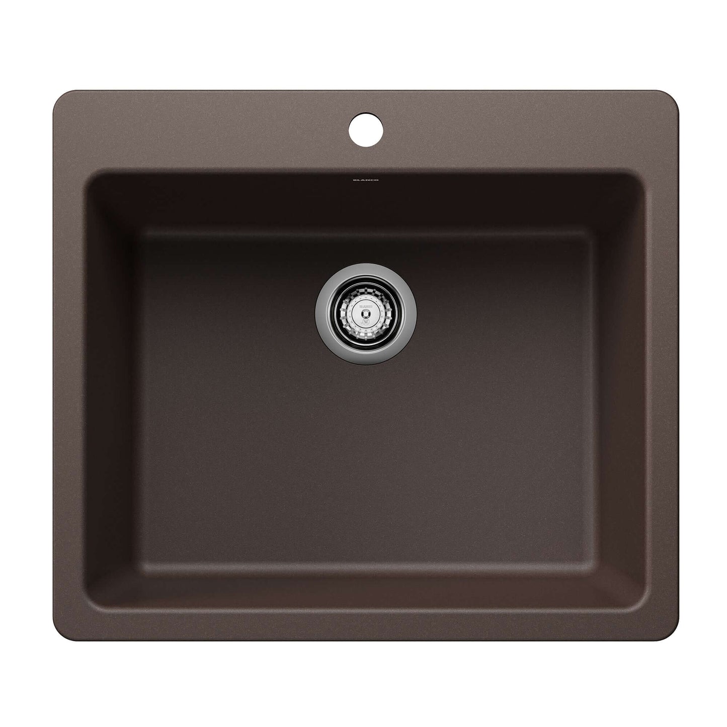 BLANCO Liven SILGRANIT 25" Single Bowl Dual Mount Kitchen Sink in brown color with a central drain hole.