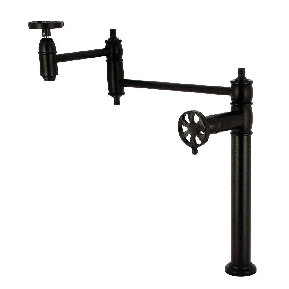 Kingston Brass KS3703RX Belknap Deck Mount Pot Filler Faucet, Antique Brass with foldable swing arms in matte black finish.