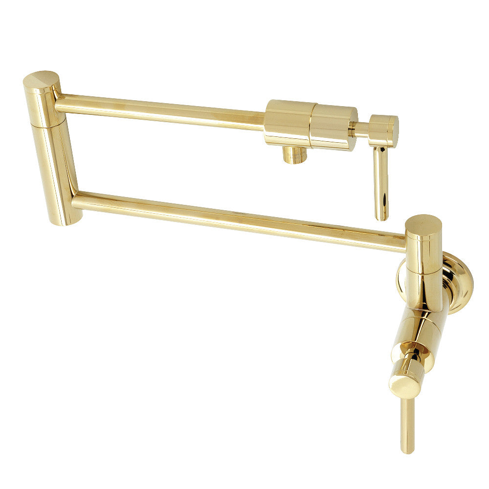 Kingston Brass KS4103DL Concord Wall Mount Pot Filler Faucet, Antique Brass with foldable swing arms and cylindrical design