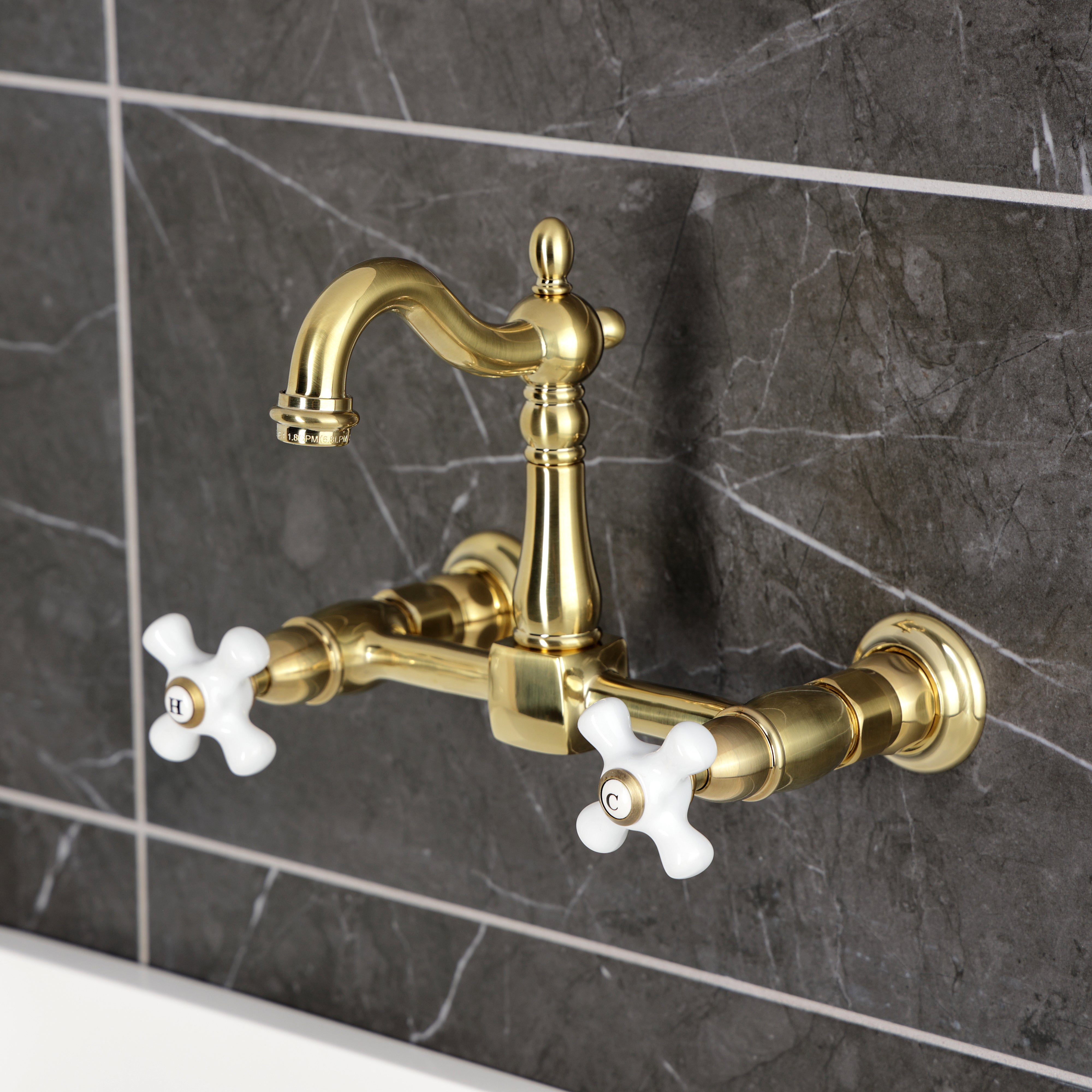 Kingston KS2443PX Heritage Two-Handle Wall Mount Bridge Kitchen Faucet, Antique Brass