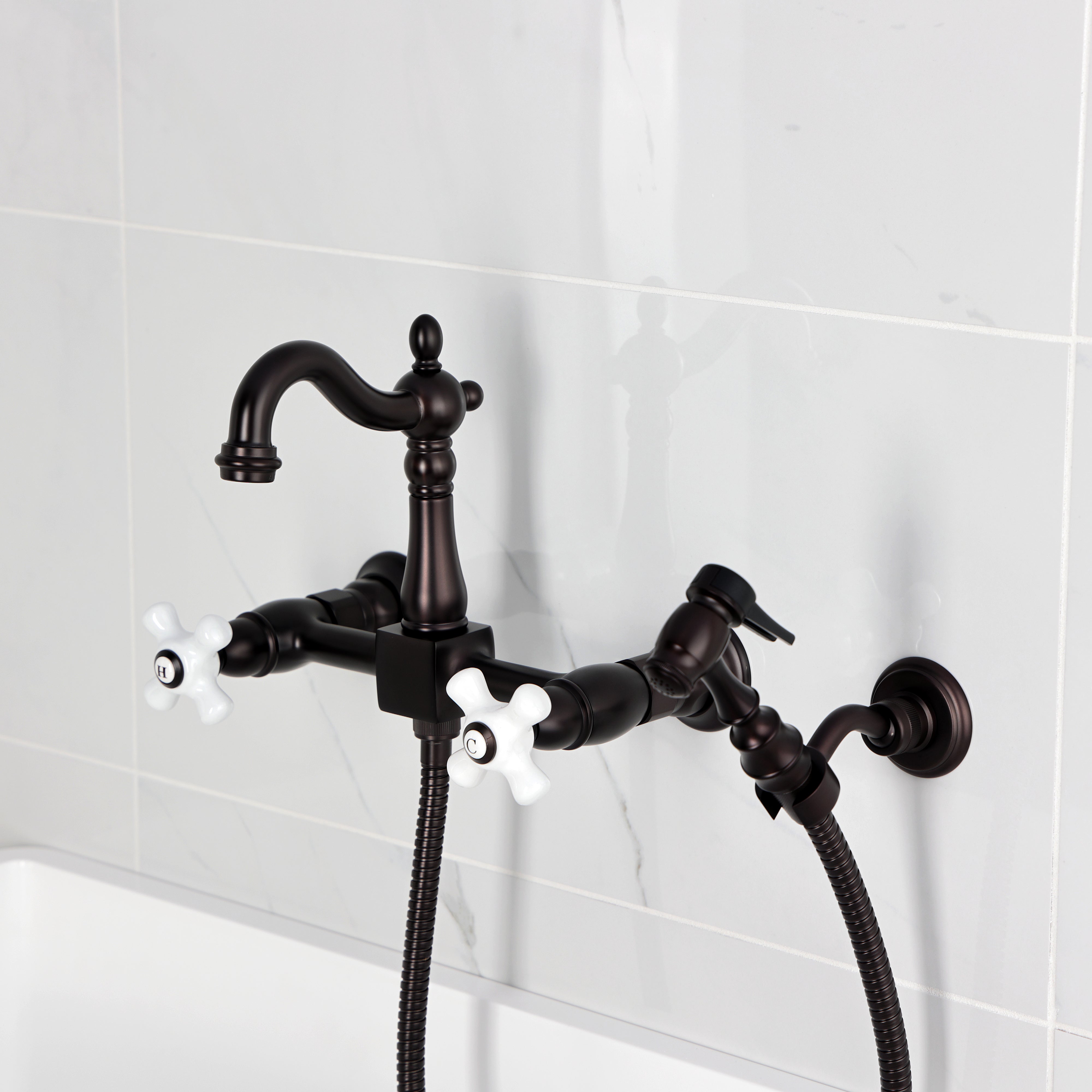 Kingston KS2443PXBS Heritage Two-Handle Wall Mount Bridge Kitchen Faucet with Brass Sprayer, Antique Brass