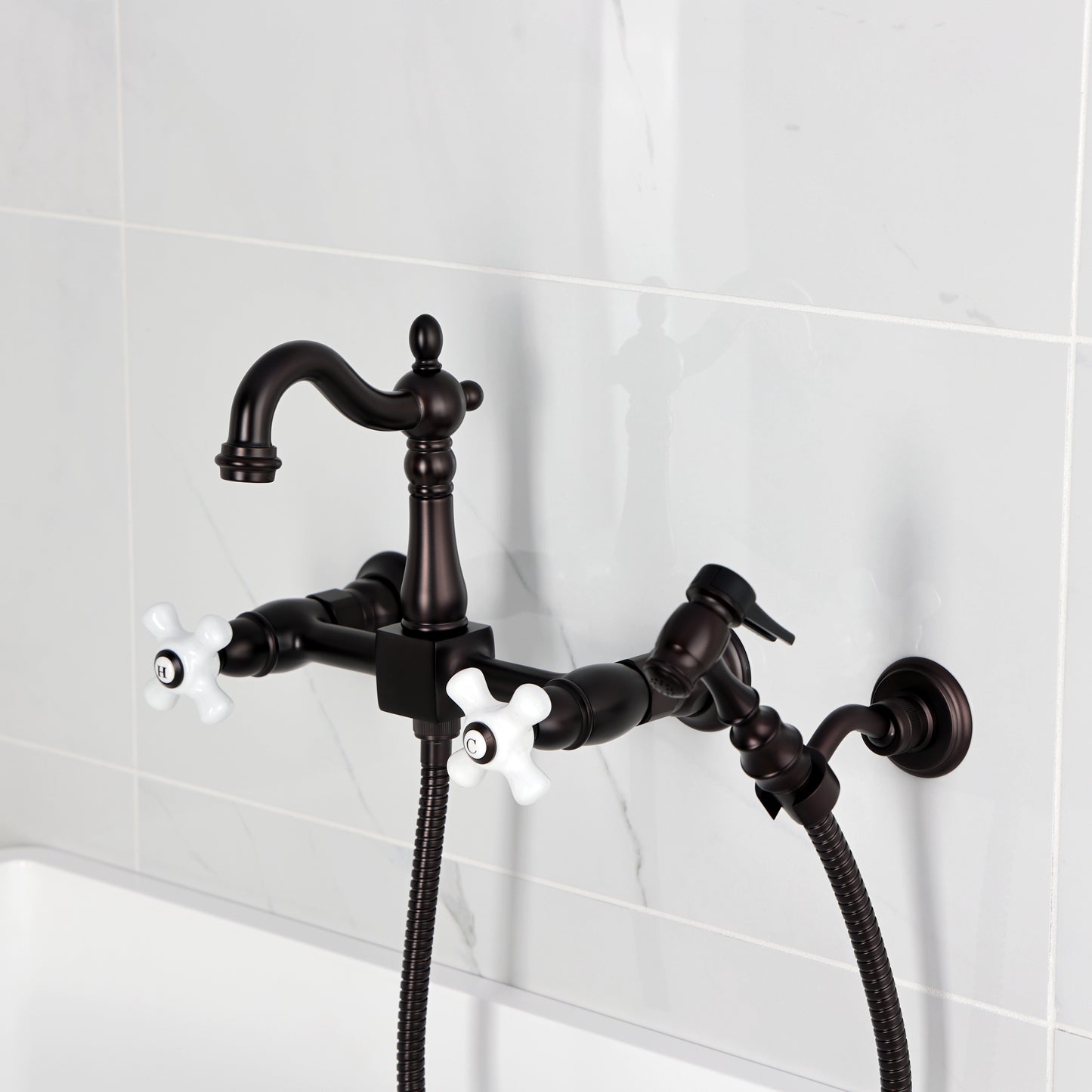 Kingston KS2443PXBS Heritage Two-Handle Wall Mount Bridge Kitchen Faucet with Brass Sprayer, Antique Brass