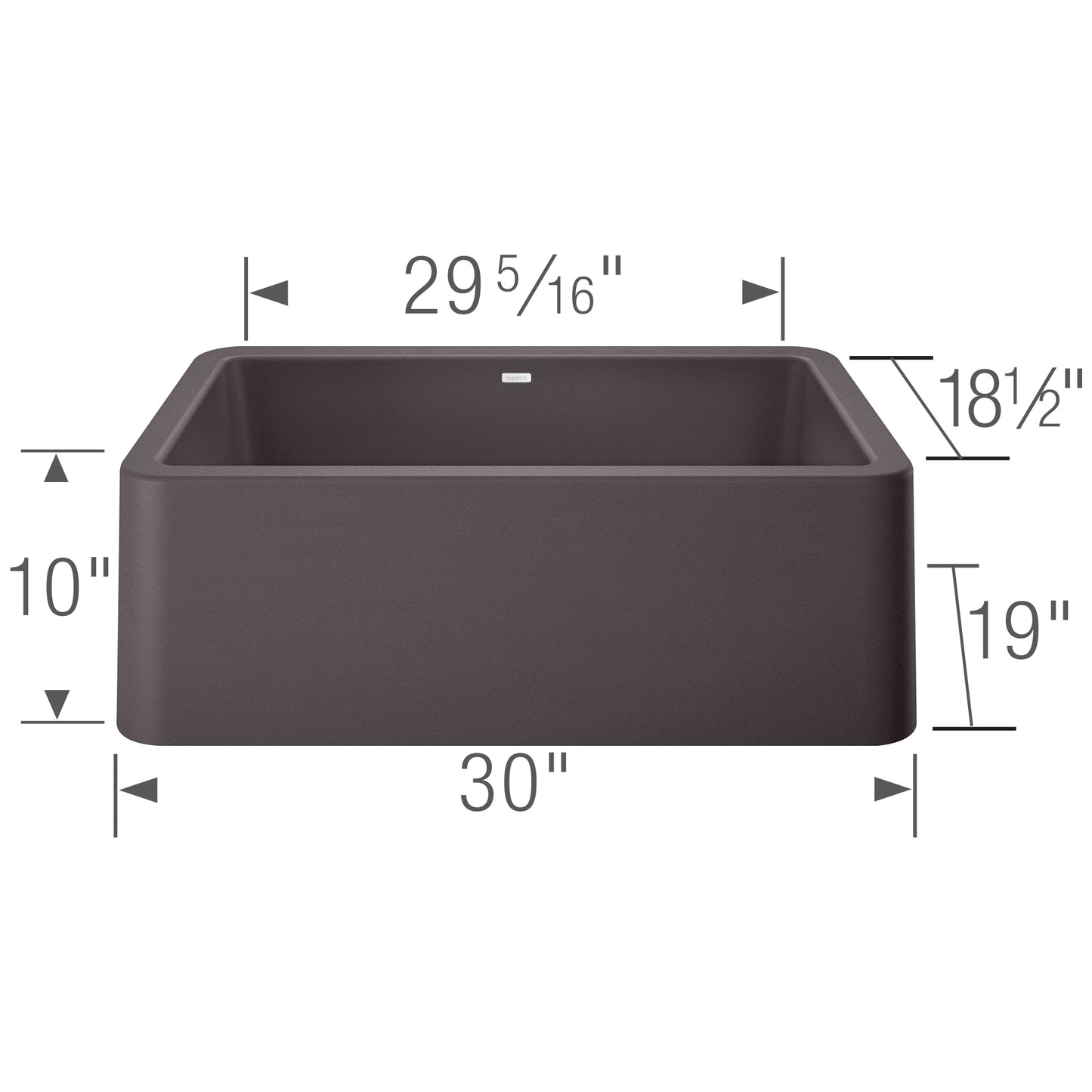 Dimensions of BLANCO Ikon SILGRANIT 30" Single Bowl Apron-Front Farmhouse Sink, showing width, height, and depth.