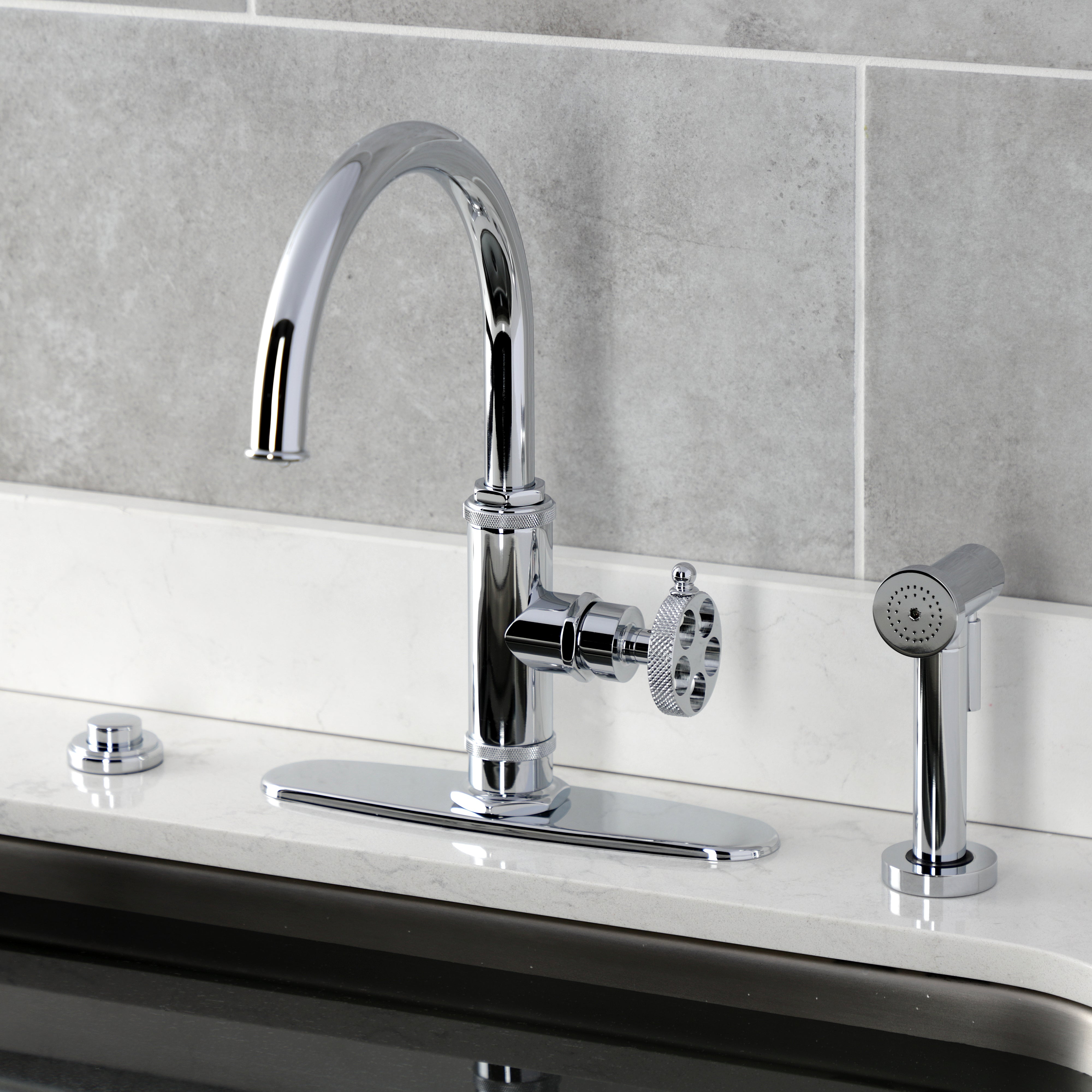 Kingston Brass KS2433RKX Webb Single-Handle Kitchen Faucet with Knurled Handle and Brass Side Sprayer, Antique Brass