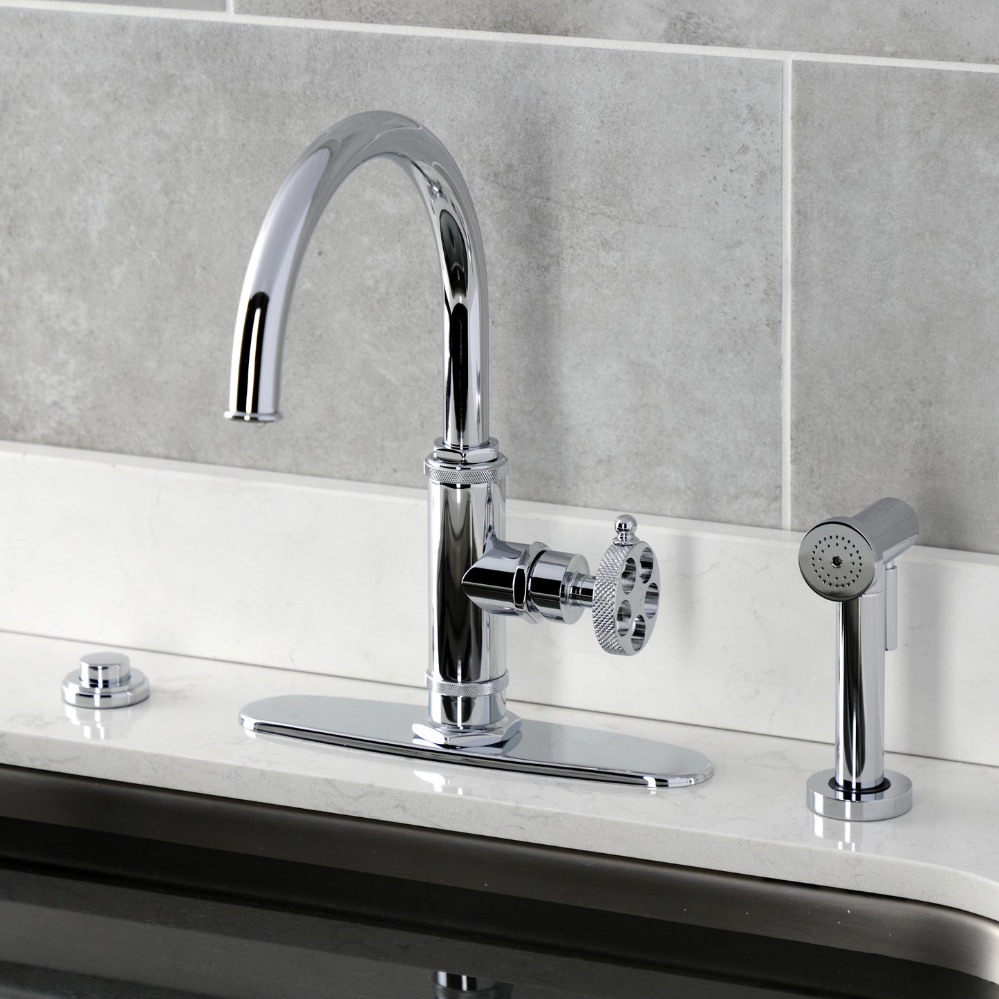 Kingston Brass KS2433RKX Webb Single-Handle Kitchen Faucet with Knurled Handle and Brass Side Sprayer, Antique Brass