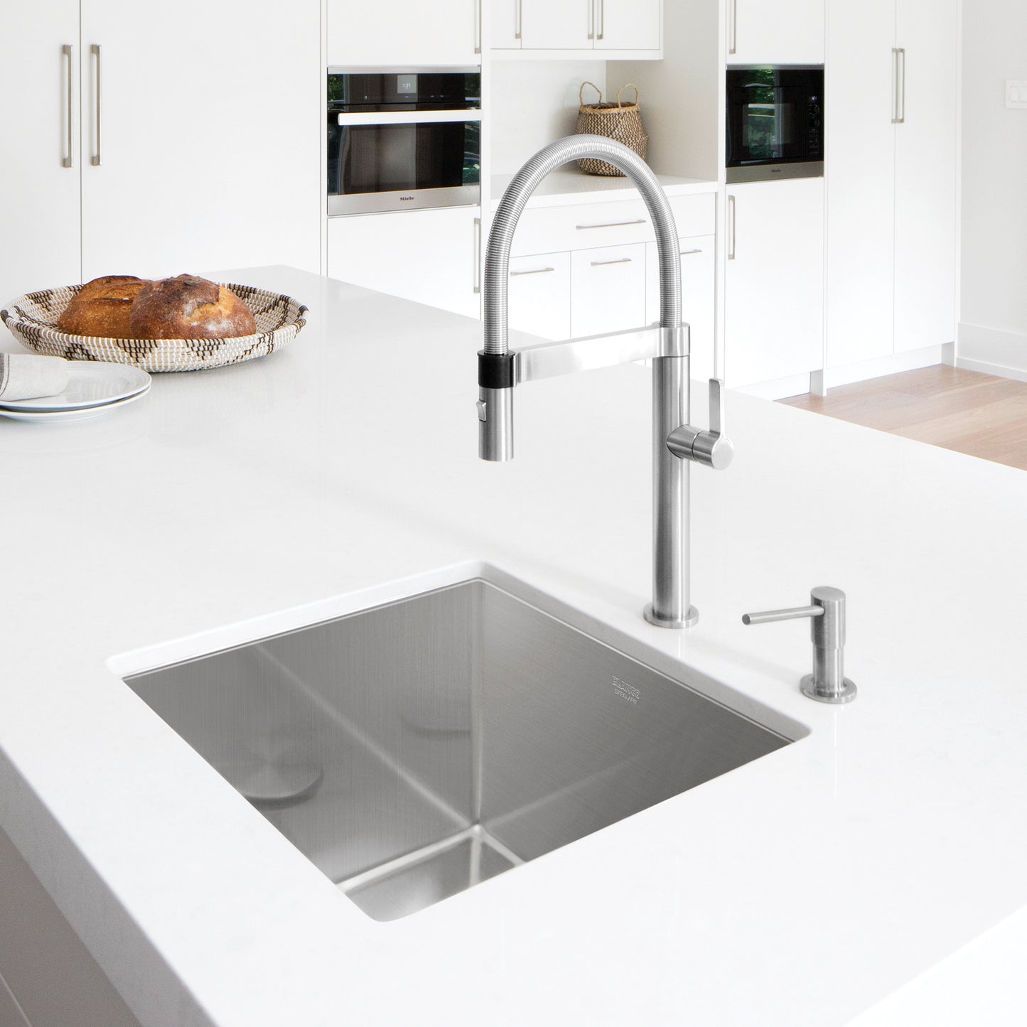 BLANCO Precision R10 19" Single Bowl Undermount Stainless Steel Kitchen Sink in a modern kitchen with sleek countertop.