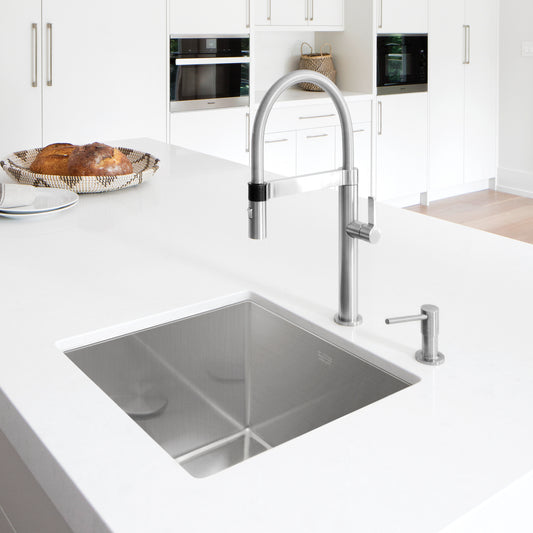 BLANCO Precision R10 19" Single Bowl Undermount Stainless Steel Kitchen Sink in a modern kitchen with sleek countertop.