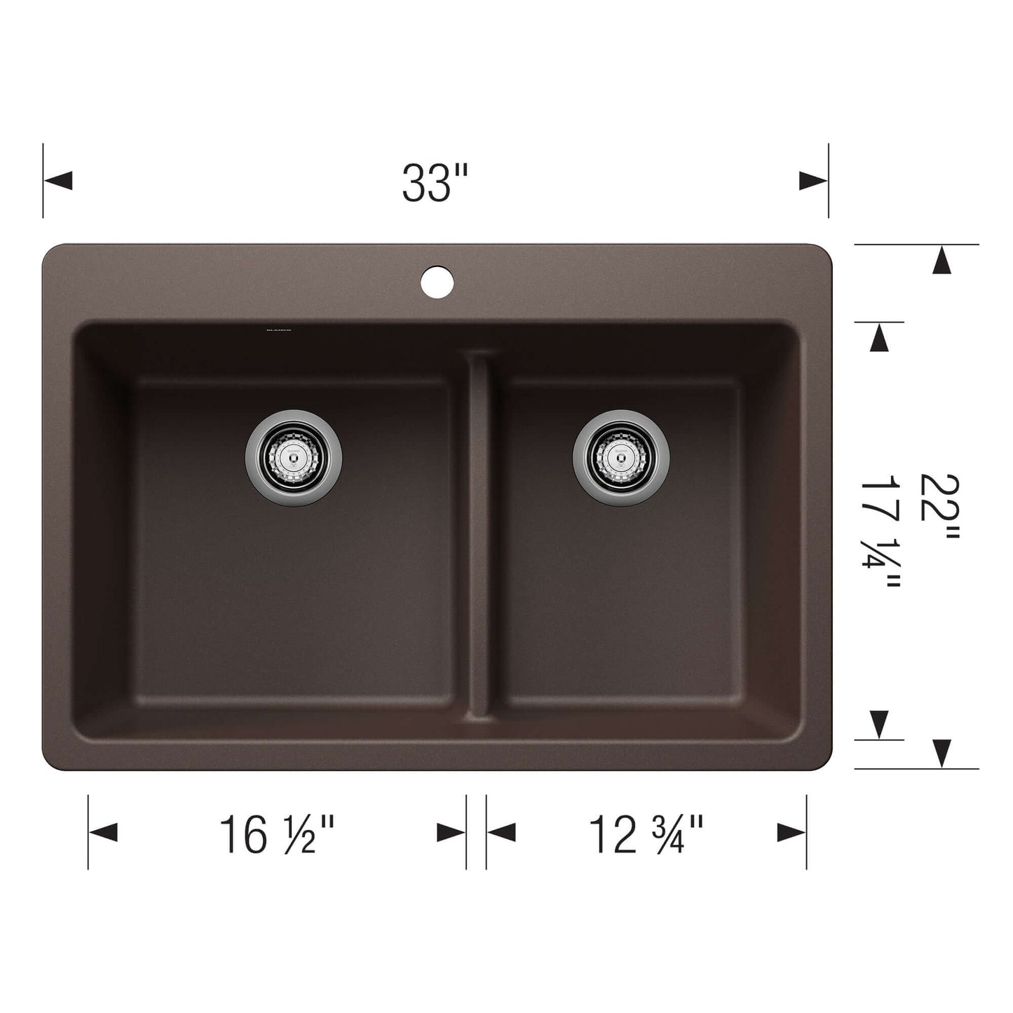 BLANCO Liven SILGRANIT 33" 60/40 Double Bowl Dual Mount Kitchen Sink with Low Divide top view and dimensions.