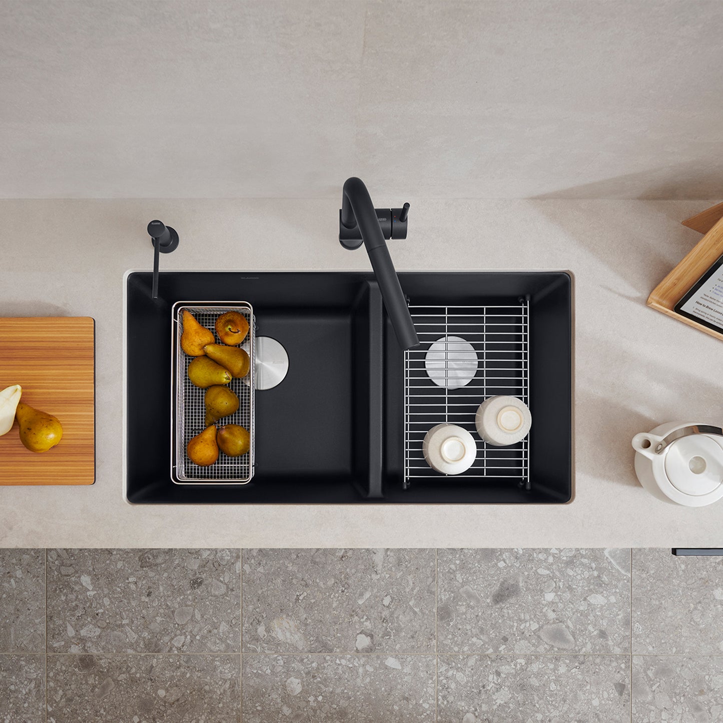 BLANCO Precis SILGRANIT 33" 60/40 Double Bowl Undermount Kitchen Sink with fresh fruits and dishes in a modern kitchen.