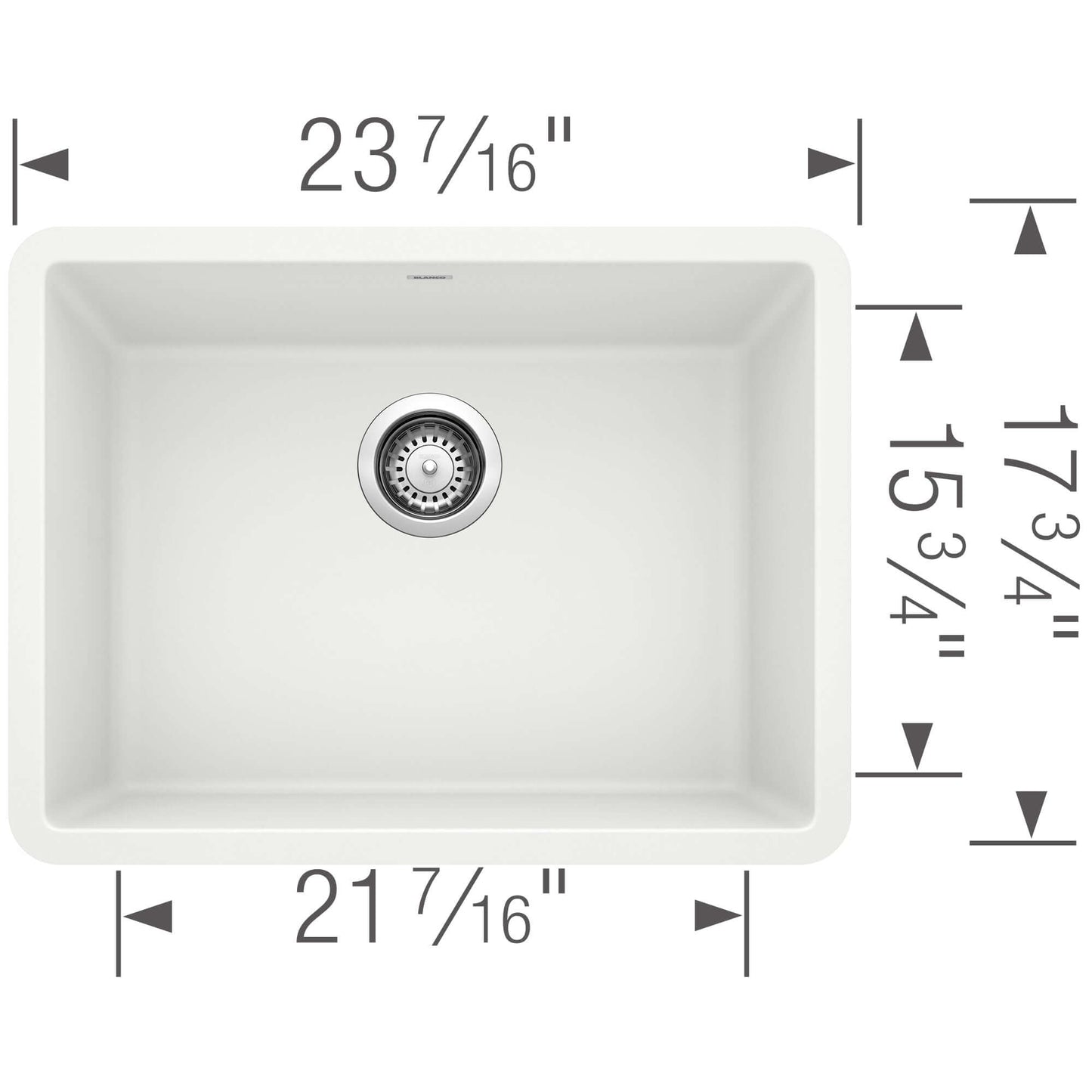 BLANCO PRECIS 24" SILGRANIT Compact Undermount Sink dimensions 23 7/16" x 21 7/16" with drain.