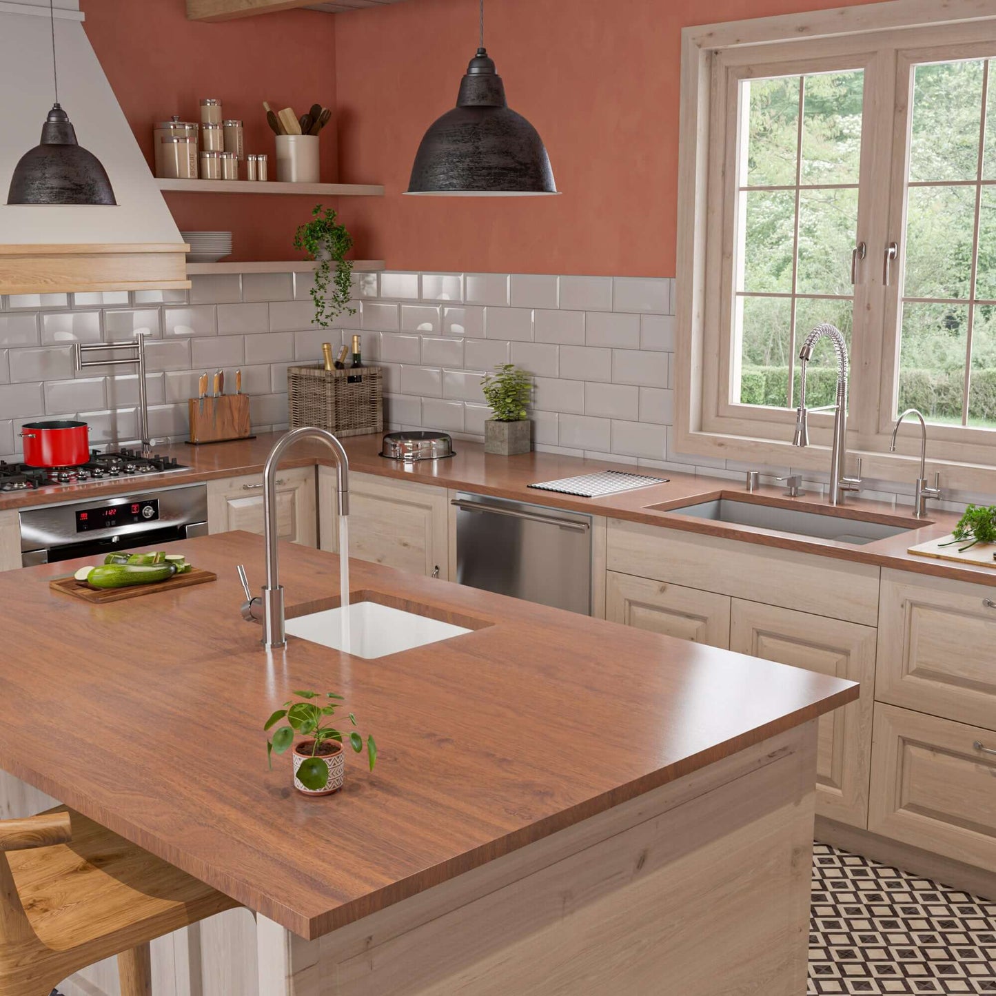 Alfi 32" Dual Mount Fireclay Workstation Kitchen Sink - ABFS3219SUD in a modern kitchen setting with wooden countertops.