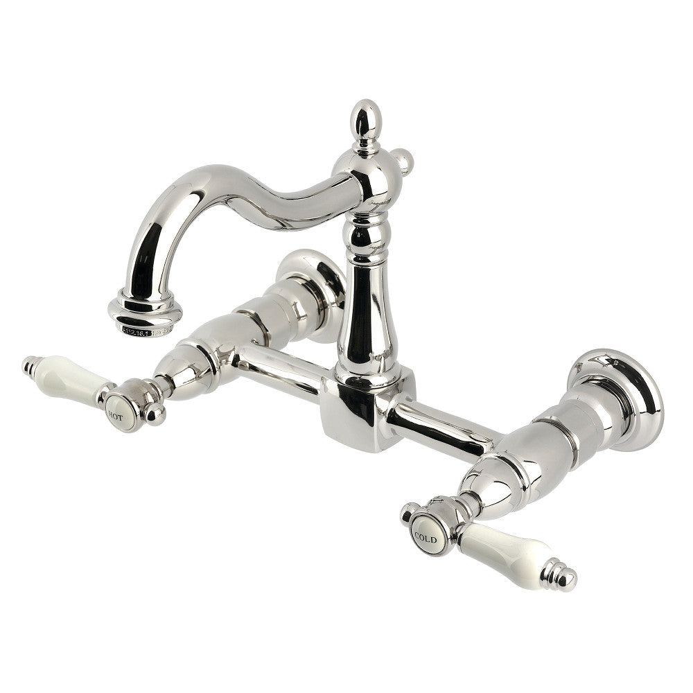 Kingston KS1263BPL Bel-Air Two-Handle Wall Mount Bridge Kitchen Faucet, Antique Brass with polished nickel finish
