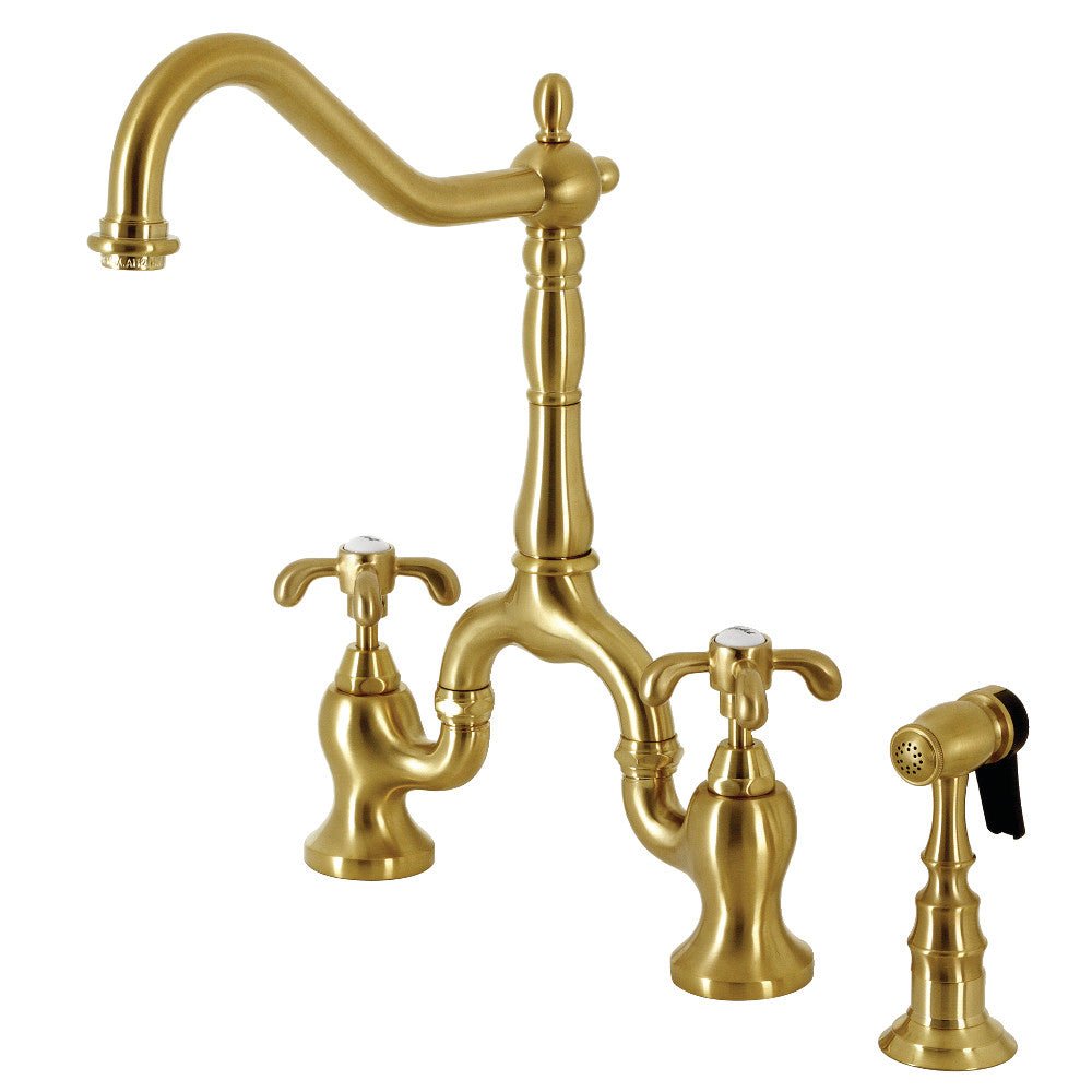 Kingston KS7753TXBS French Country Bridge Kitchen Faucet with Brass Sprayer, Antique Brass - elegant design and luxurious finish