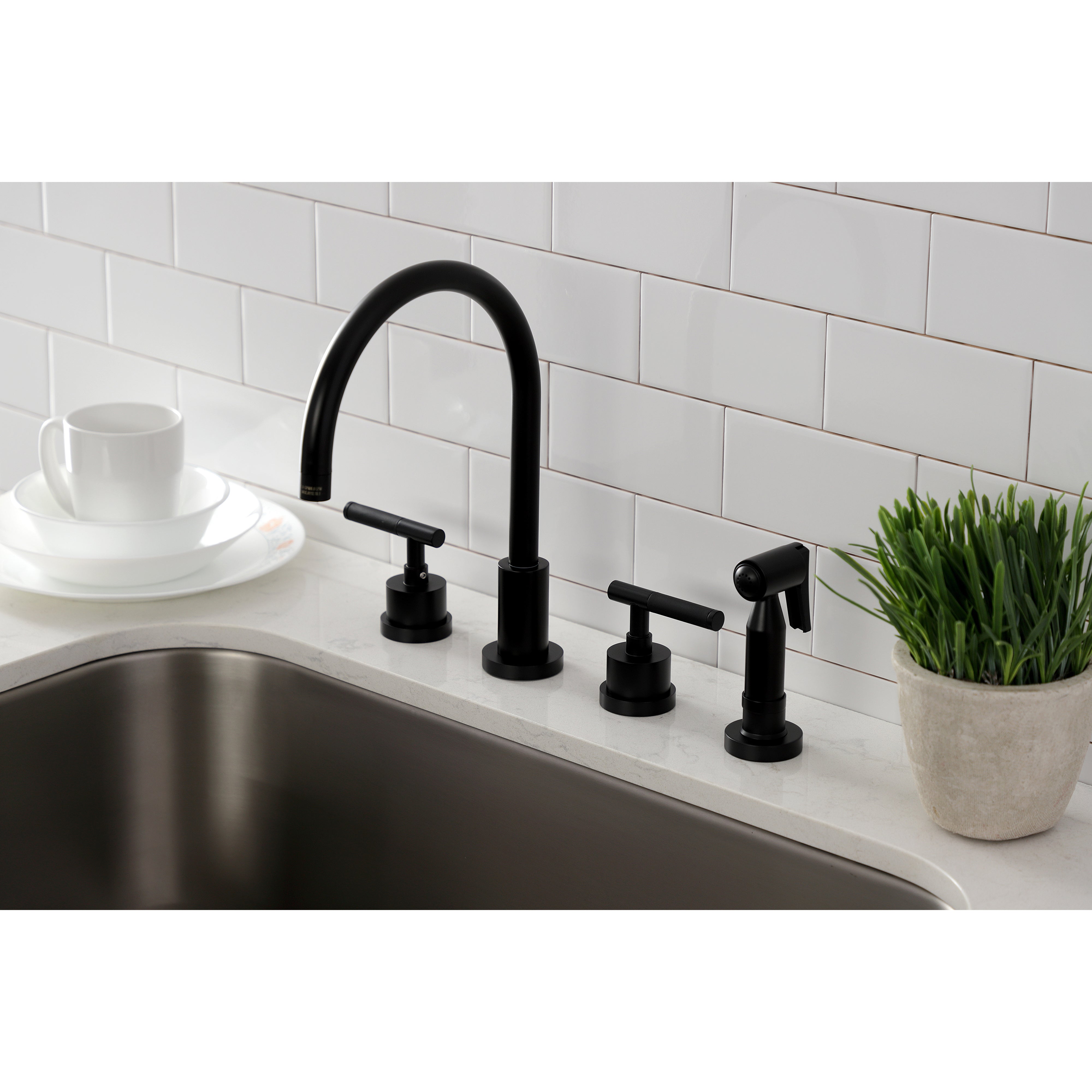 Kingston Brass KS8723CKLBS Kaiser Double-Handle Widespread Kitchen Faucet with Brass Sprayer, Antique Brass