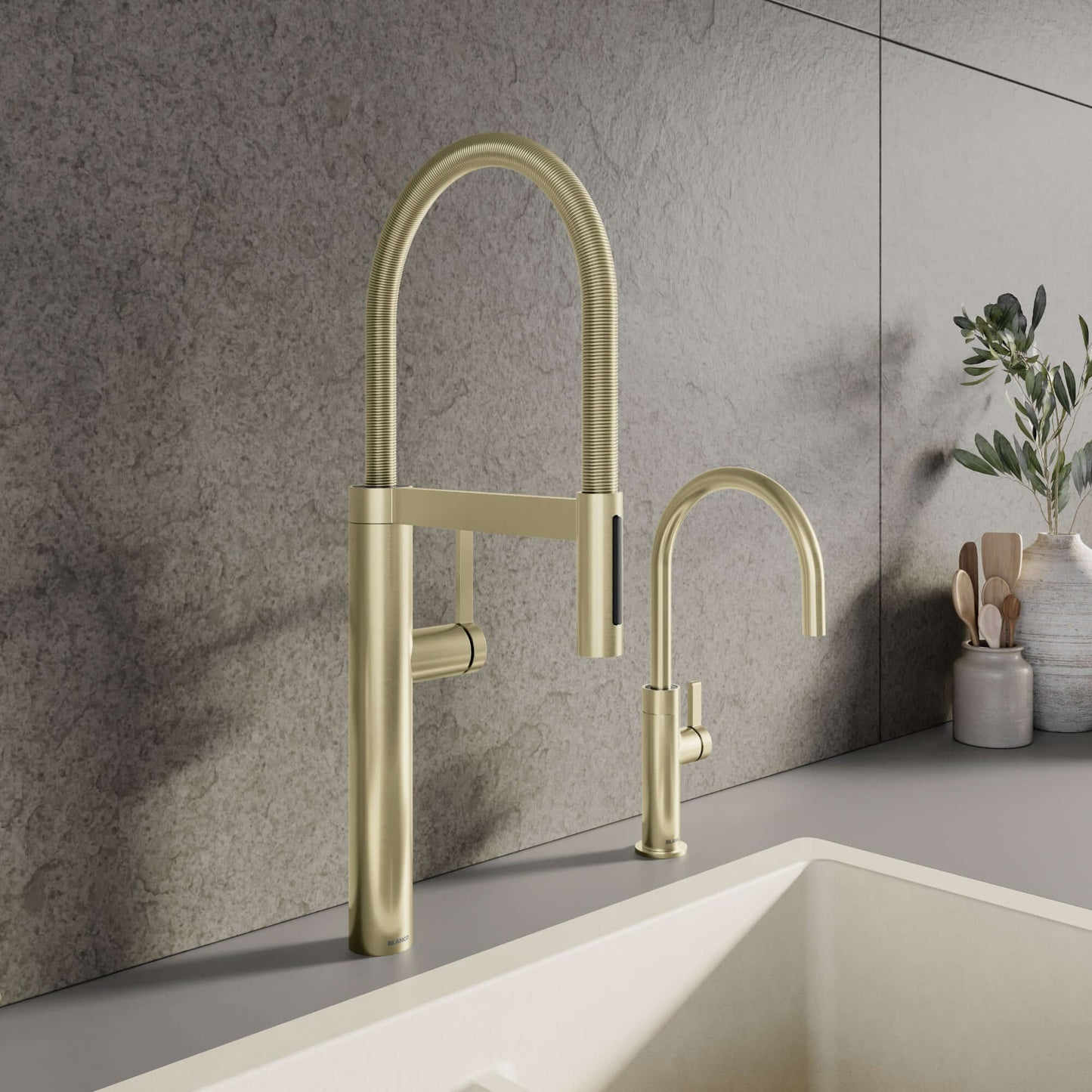 BLANCO Culina II Semi-Pro Pull-Down Dual-Spray Kitchen Faucet in gold finish against a modern kitchen backdrop.