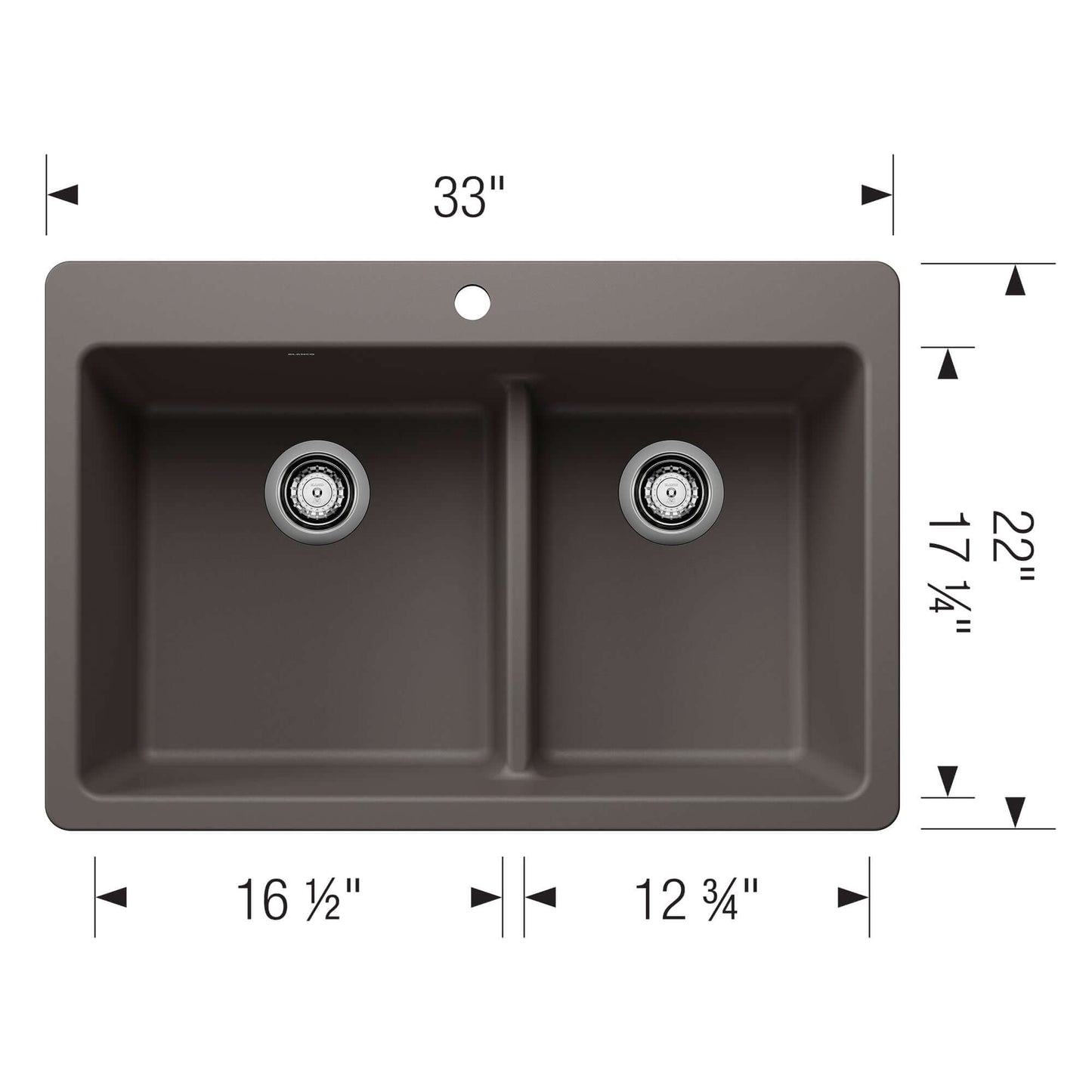 BLANCO Liven SILGRANIT 33" 60/40 Double Bowl Dual Mount Kitchen Sink with Low Divide dimensions and design details.