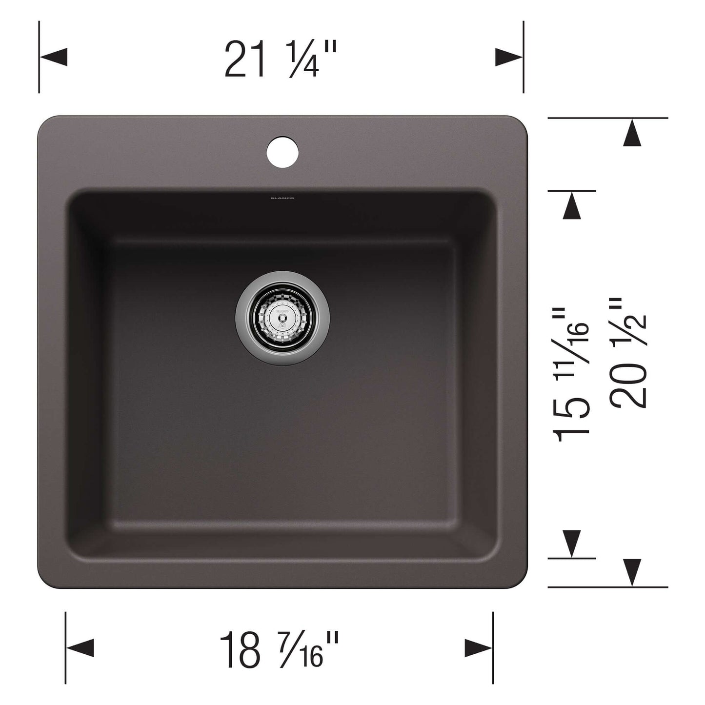 BLANCO Liven SILGRANIT 21" Single Bowl Dual Mount Kitchen Sink dimensions and design features.