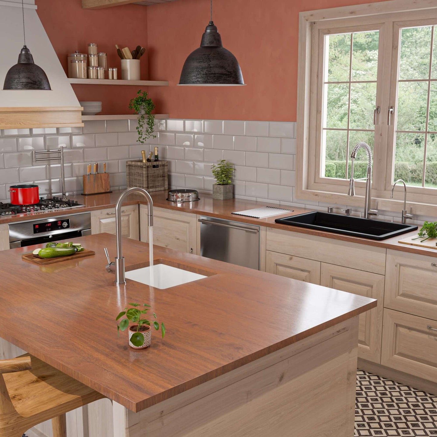 Alfi 32" Dual Mount Fireclay Workstation Kitchen Sink - ABFS3219SUD in a modern kitchen setting with bamboo cutting board.