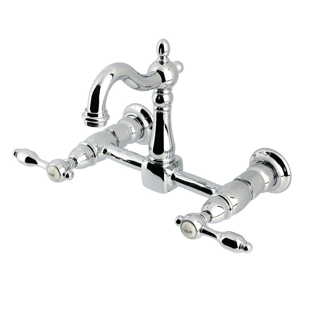 Kingston KS2443TAL Tudor Two-Handle Wall Mount Bridge Kitchen Faucet, Antique Brass in polished chrome finish