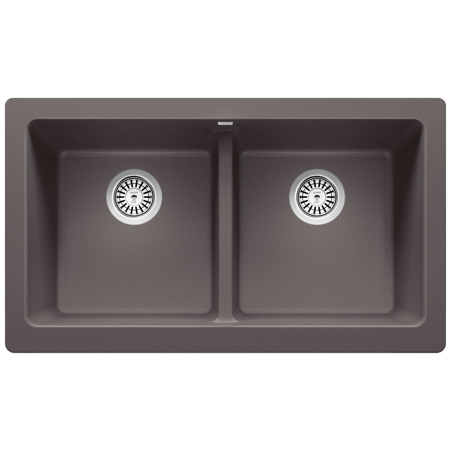 BLANCO VINTERA 33" SILGRANIT Double Bowl Farmhouse Sink in modern gray finish, featuring dual equal bowls and sleek design.