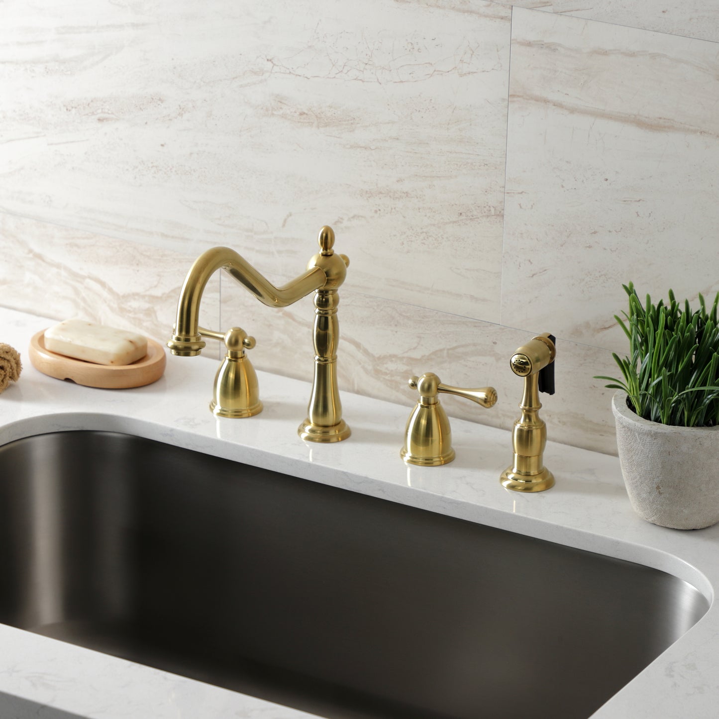 Kingston Brass KB1793BLBS Heritage Double-Handle Widespread Kitchen Faucet with Brass Sprayer, Antique Brass