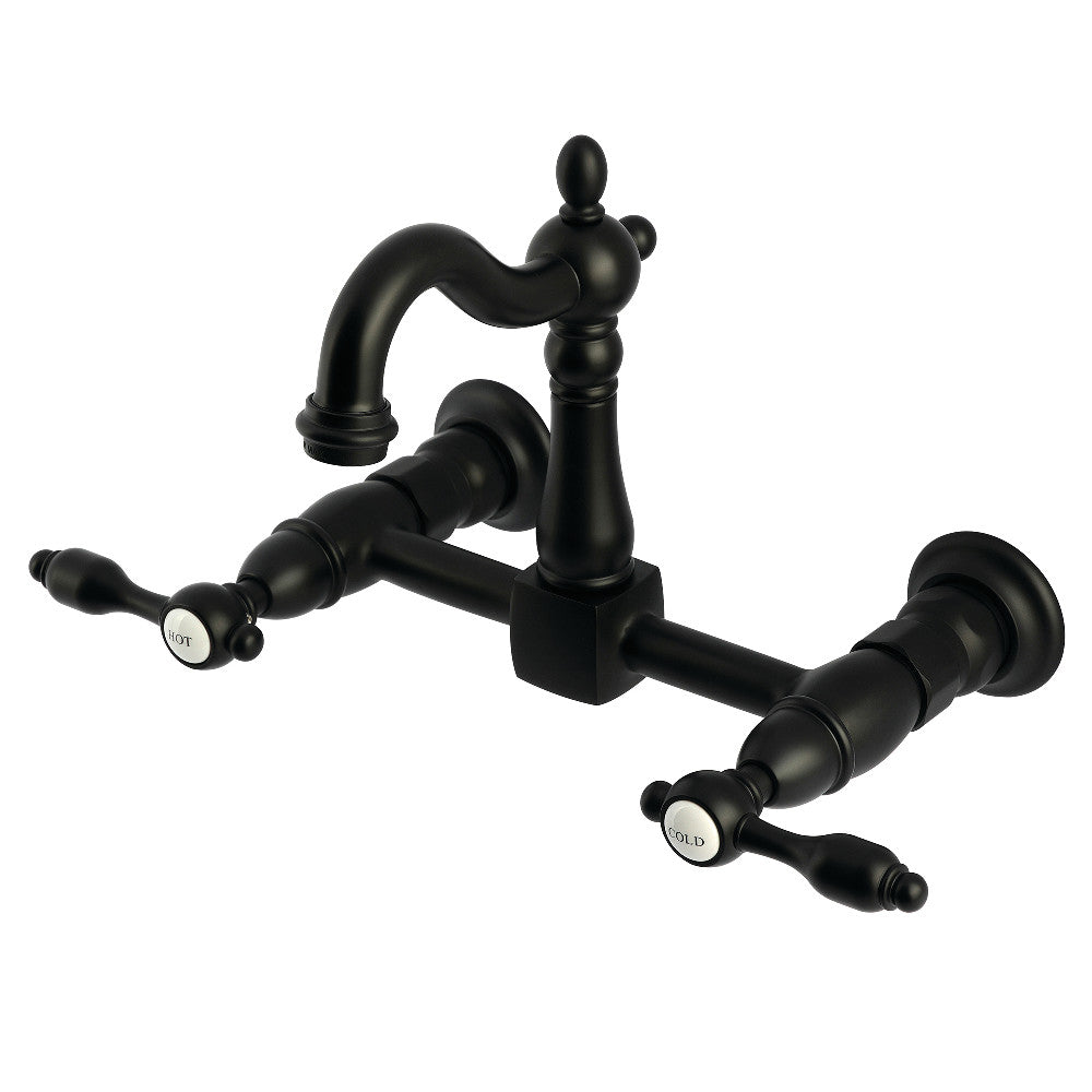 Kingston KS2443TAL Tudor Two-Handle Wall Mount Bridge Kitchen Faucet, Antique Brass in Matte Black finish