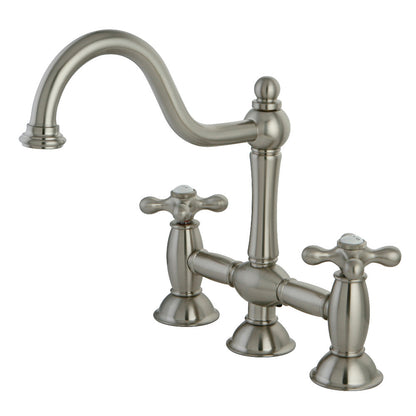 Kingston KS3788AX Restoration Bridge Kitchen Faucet, Brushed Nickel with traditional design and detailing.