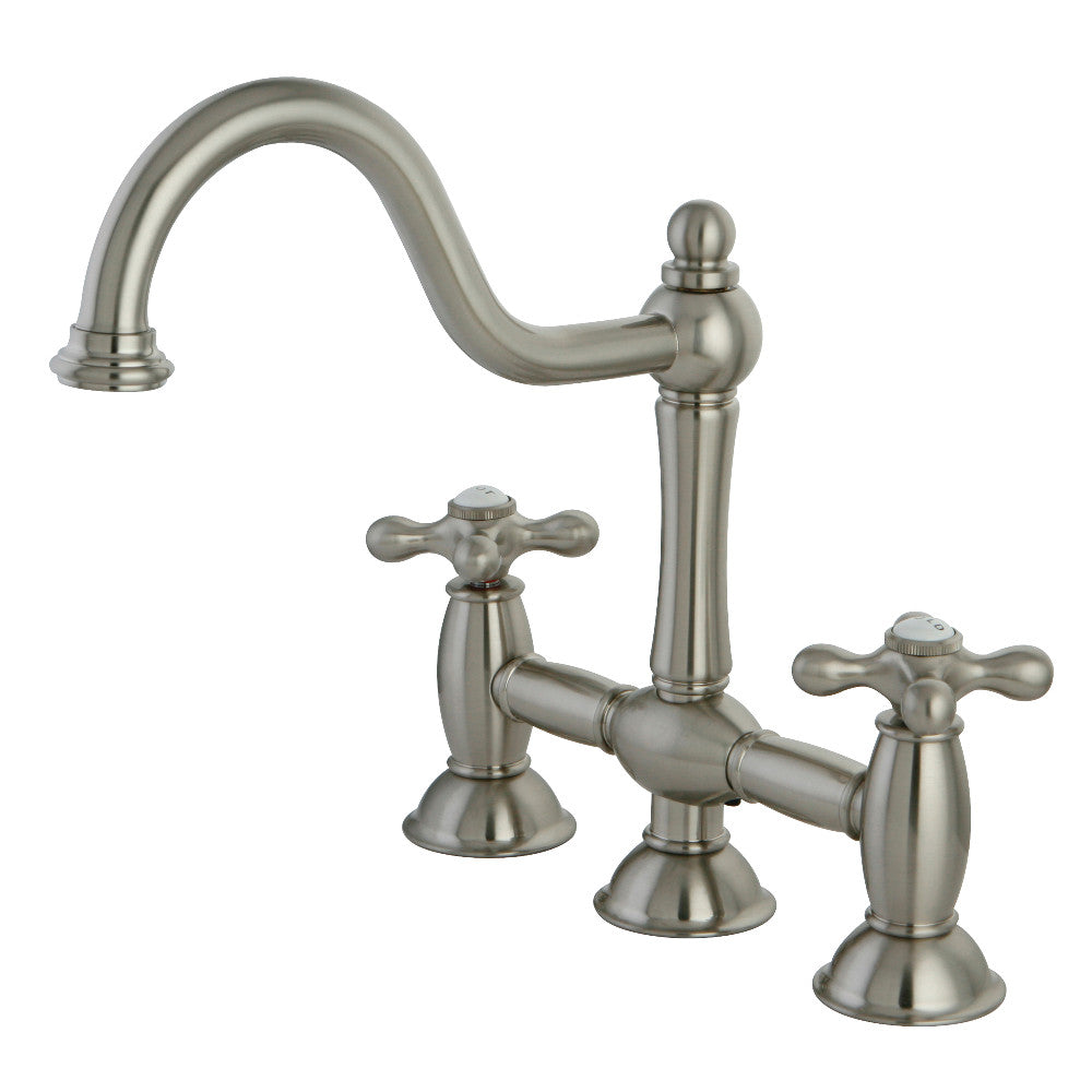 Kingston KS3788AX Restoration Bridge Kitchen Faucet, Brushed Nickel with traditional design and detailing.