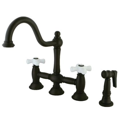 Kingston KS3795PXBS Restoration Bridge Kitchen Faucet with Brass Sprayer, Oil Rubbed Bronze