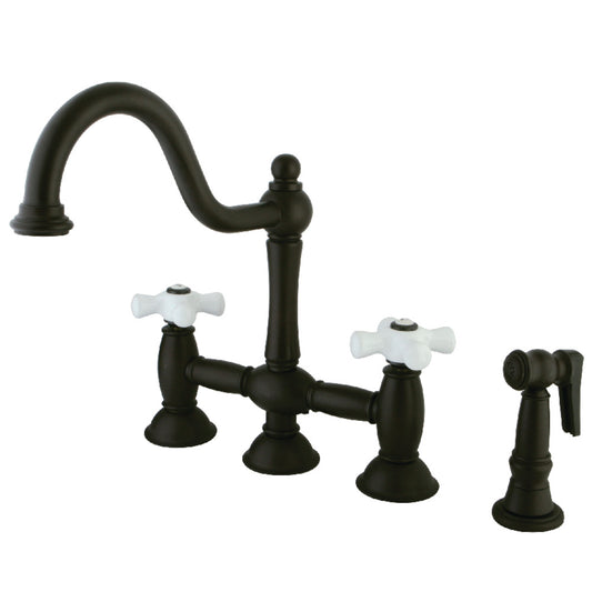Kingston KS3795PXBS Restoration Bridge Kitchen Faucet with Brass Sprayer, Oil Rubbed Bronze