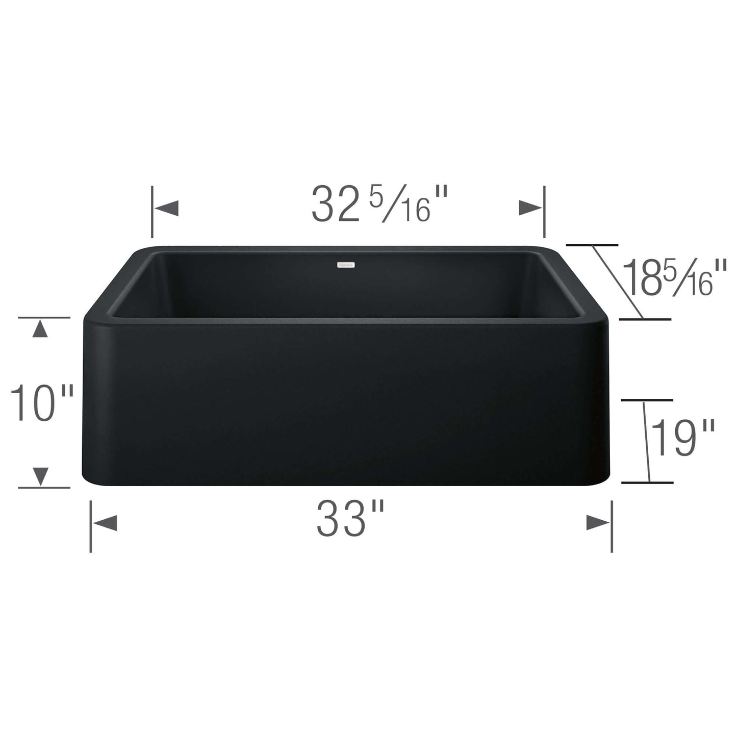 BLANCO Ikon SILGRANIT 33" Single Bowl Apron-Front Farmhouse Sink dimensions and specifications image.