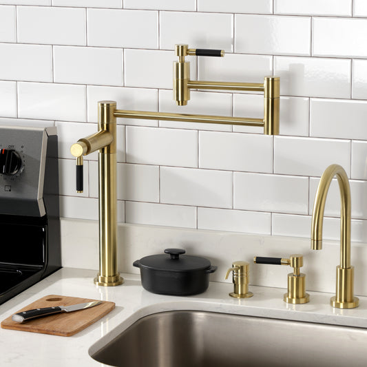 Kingston Brass KS8707DKL Kaiser Deck Mount Pot Filler Faucet, Brushed Brass installed in a modern kitchen setting.