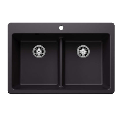 BLANCO Liven SILGRANIT 33" 50/50 Double Bowl Dual Mount Kitchen Sink with Low Divide in black finish.