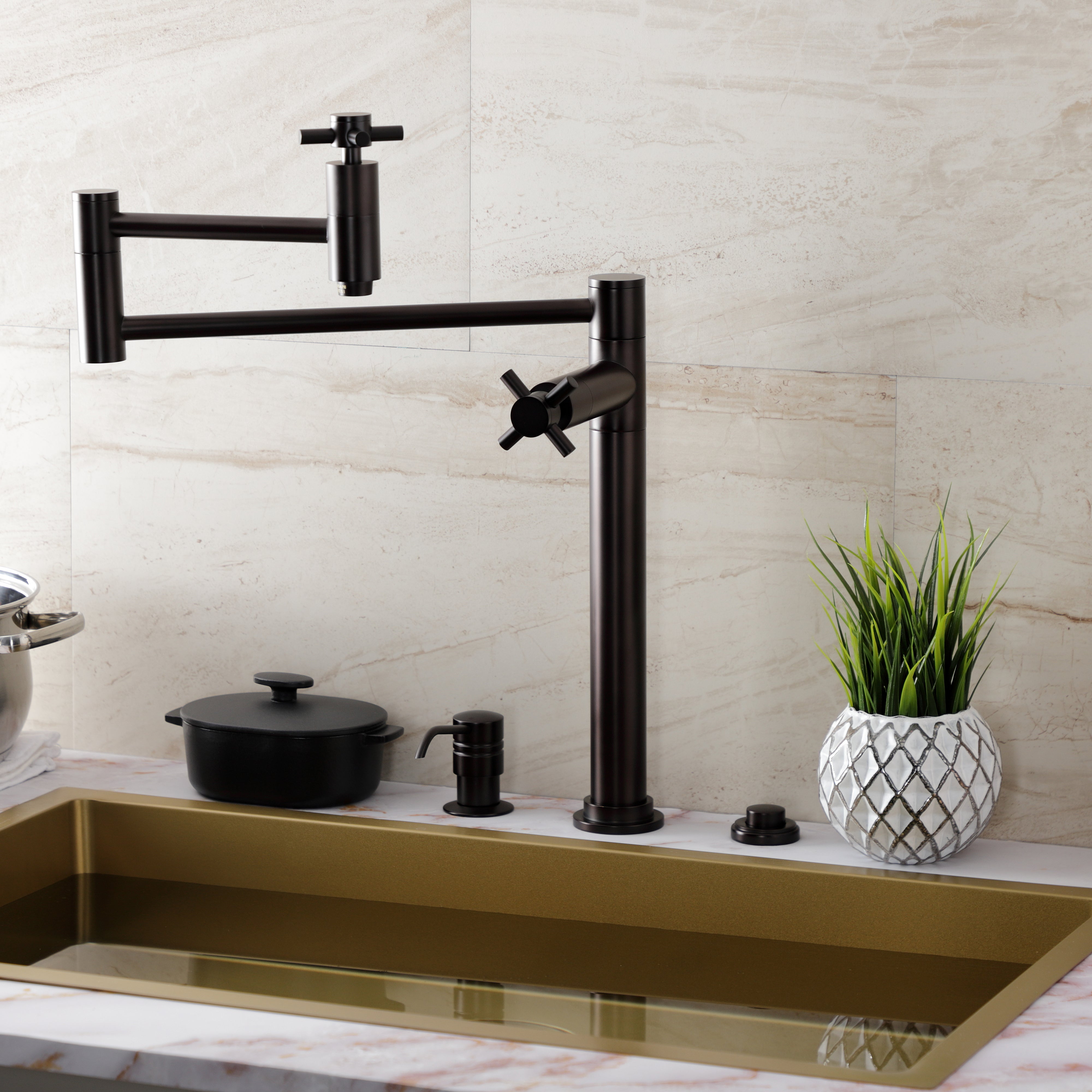 Kingston Brass KS8707DX Concord Deck Mount Pot Filler Faucet, Brushed Brass in a modern kitchen setting.