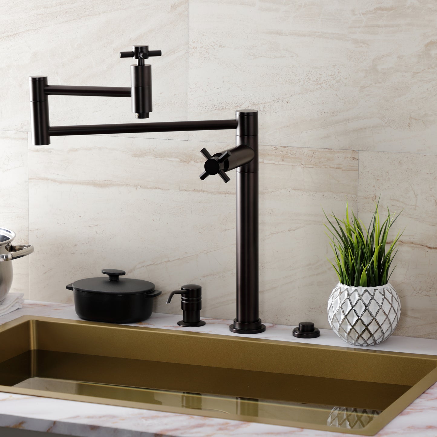 Kingston Brass KS8707DX Concord Deck Mount Pot Filler Faucet, Brushed Brass in a modern kitchen setting.