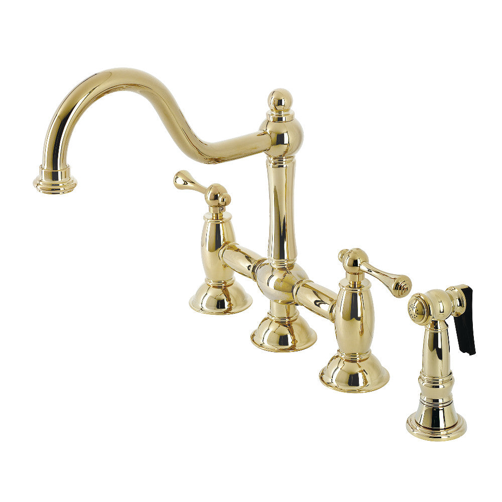 Kingston KS3798BLBS Restoration Bridge Kitchen Faucet with Brass Sprayer, Brushed Nickel in polished brass finish