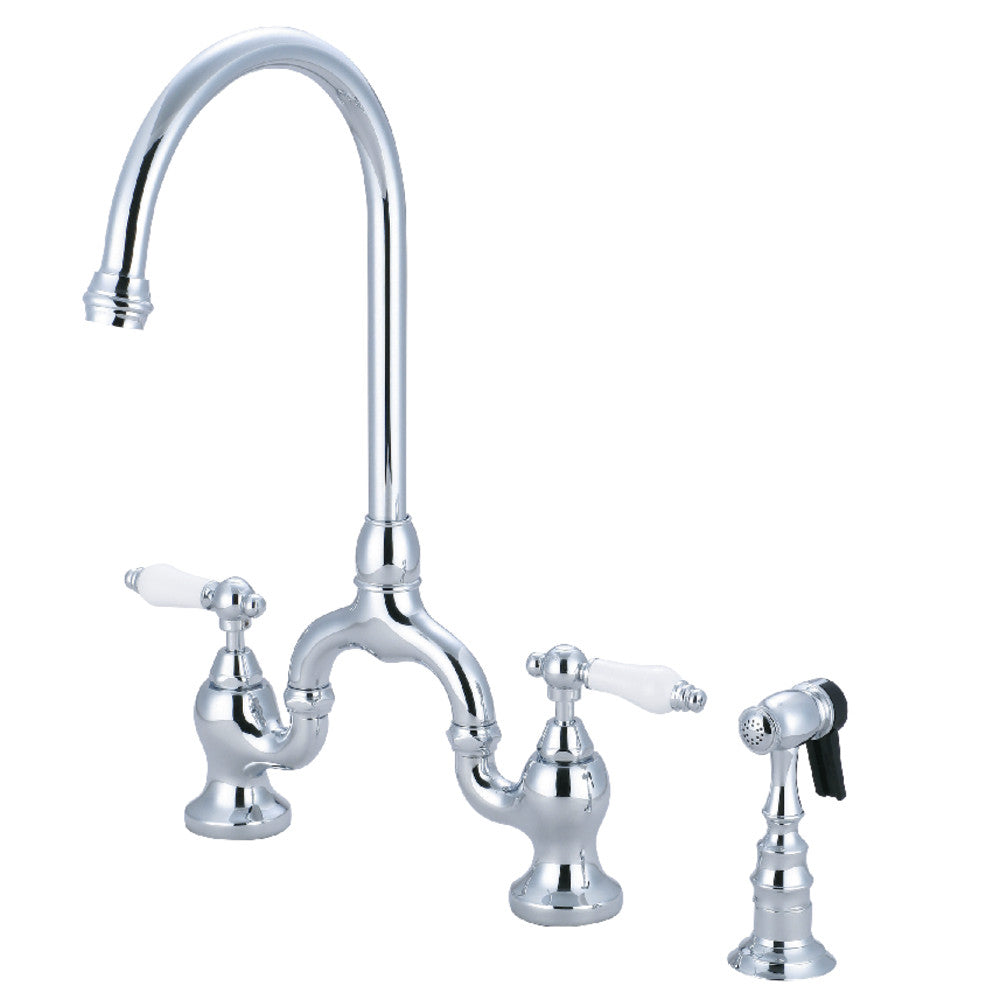 Kingston KS7793PLBS English Country Bridge Kitchen Faucet with Brass Sprayer, Antique Brass